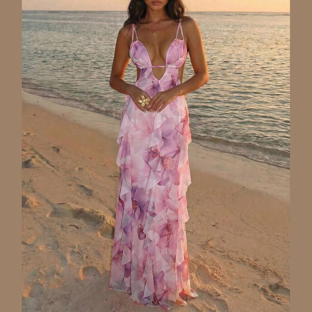 Pink Floral Print Ruffled Plunge Spaghetti Strap Maxi Dress